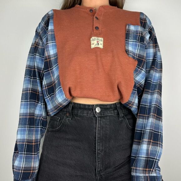 RedHead Long Sleeve Henley Reworked Upcycled Two Tone Plaid Flannel Shirt Top - Picture 3 of 4
